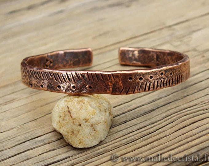 Bracelet Viking En Cuivre Martelé à La Main - Perle Et Flèche, Style Manchette Oxydé - Fait Main, Neuf