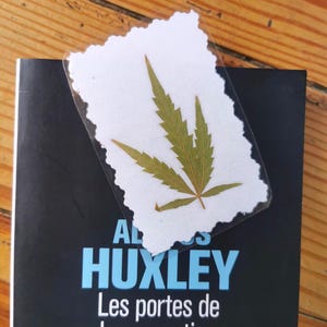 Könnte beinhalten: Ein rechteckiges Lesezeichen mit einem gepressten grünen Cannabisblatt, das in durchsichtigem Kunststoff mit einer weißen Papierunterlage mit Büttenrand eingeschlossen ist. Das Lesezeichen liegt auf einem schwarzen Buchcover mit dem Text ALDOUS HUXLEY Les portes de la perception.