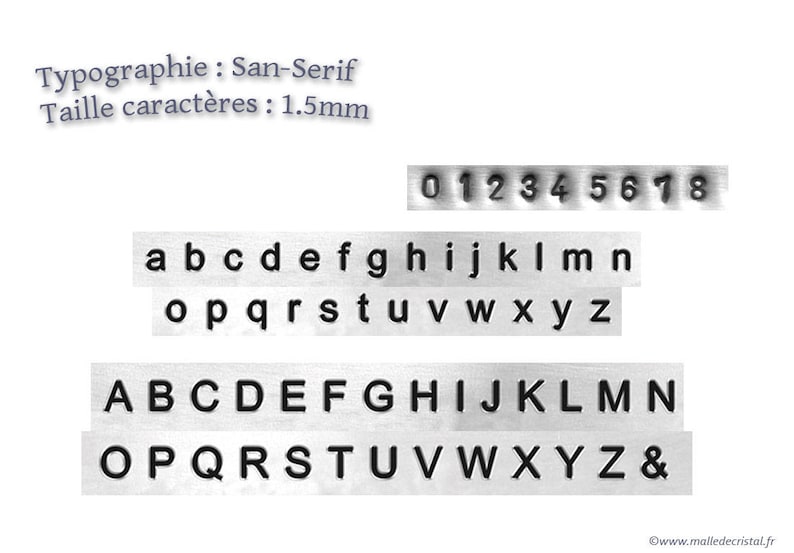 May include: A set of metal alphabet stamps in a sans-serif font. The stamps are arranged in rows, with the numbers 0-8 on the top row, lowercase letters on the second and third rows, and uppercase letters and an ampersand on the fourth and fifth rows. The text "Typographie: San-Serif" and "Taille caract&egrave;res: 1.5mm" is visible at the top of the image.