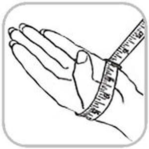 May include: A measuring tape wrapped around a person's wrist to measure the circumference.