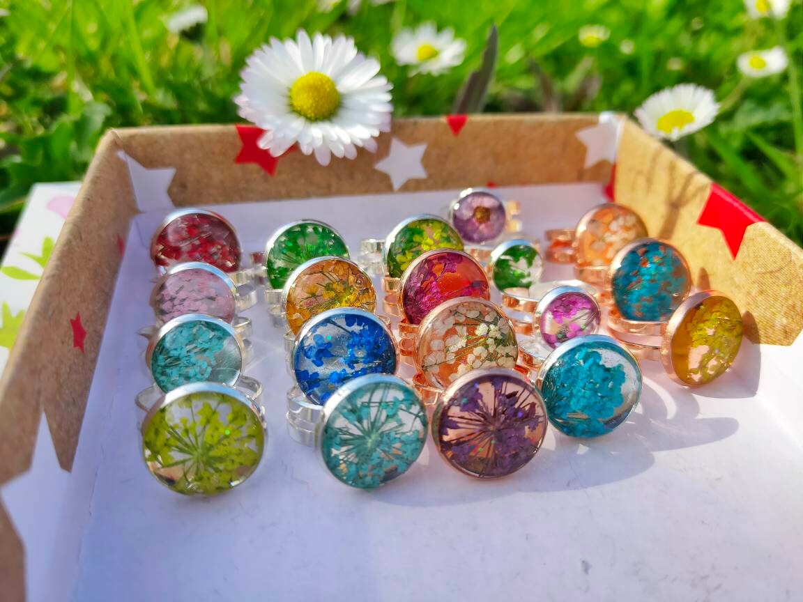 Child sized adjustable real flower rings, silver plated pressed flowe…