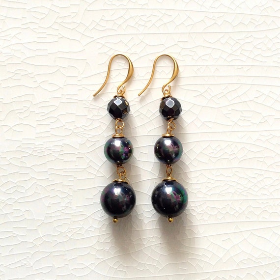 Black pearl earrings long pearl earrings elegant black pearl | Etsy