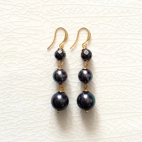 Black pearl earrings long pearl earrings elegant black pearl Etsy