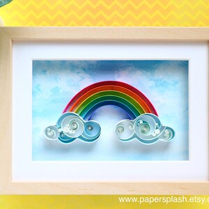 Rainbow clouds quilled art, framed wall decor for nursery, 3d quilling paper gifts for new baby kids room, Colourful wall hanging signs Beige/Off white