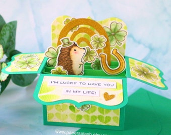 Handmade Four Leaf Clover pop up box card, I'm so lucky, Good luck love anniversary, St. Patrick Day card