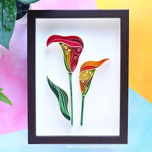 Abstract floral wall decor, Cala lily flower paper quilled art, 3D Quilling wall hanging, 6th wedding anniversy gift, new home gift framed image 1