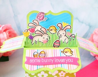 Happy spring easter bunny popup box card, custom message on back, handmade some bunny loves you card for mom friend grand daughter niece etc