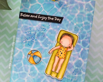 Relaxing in a pool summer card for friend, Interactive card enjoy your day for mom/granny/sister/female friends, water pool birthday card