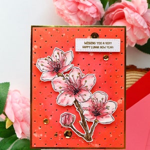 Cherry blossom lunar new year card 2024, Chinese New year card, sakura flowers CNY handmade card image 1