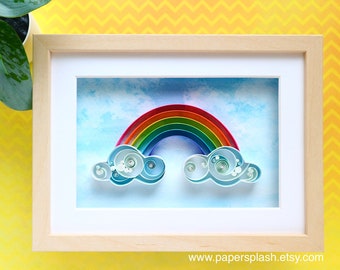 Rainbow clouds quilled art, framed wall decor for nursery, 3d quilling paper gifts for new baby kids room, Colourful wall hanging signs