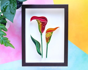 Abstract floral wall decor, Cala lily flower paper quilled art, 3D Quilling wall hanging, 6th wedding anniversy gift, new home gift framed