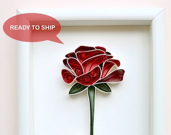 Rose Art - Valentine's Day Gift - Single Red Rose Art - Botanical Art - Framed Wall Decor - First Anniversary Gift - Quilled Paper Art.