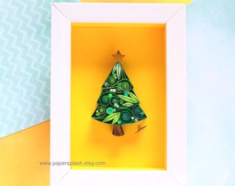 Framed Paper Quilling Christmas Tree Art – 3D Handmade Holiday Wall Decor (5x7 inches)