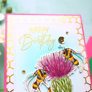 Honey bee thistle birthday card, handmade bday card for gardener, wild flower card, Scottish flower birthday card, Gift for mom, Papersplash image 3