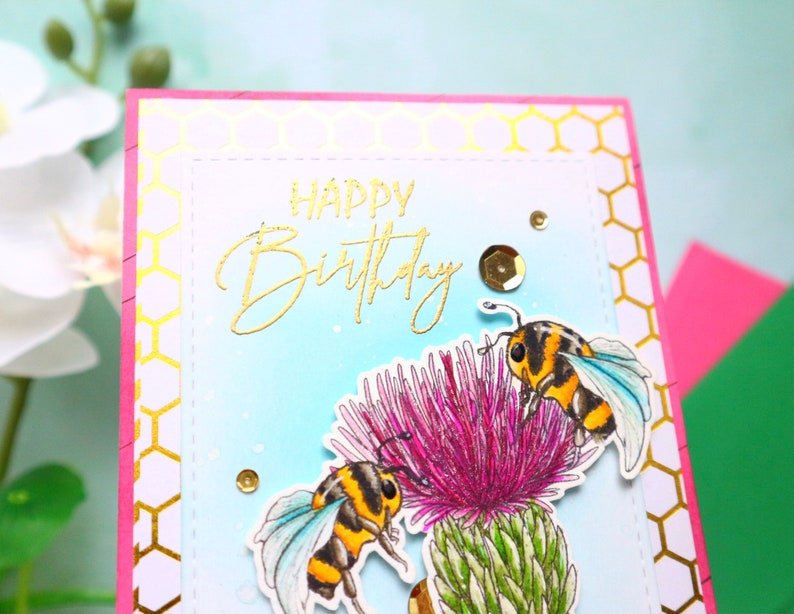 Honey bee thistle birthday card, handmade bday card for gardener, wild flower card, Scottish flower birthday card, Gift for mom, Papersplash image 3