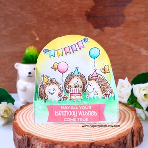 Hedgehog birthday pop up box card, cute animal bday card, for girl, magical unicorn, rainbow card, for kids, for daughter, handmade card image 1
