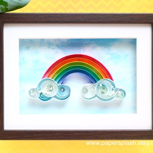 Rainbow clouds quilled art, framed wall decor for nursery, 3d quilling paper gifts for new baby kids room, Colourful wall hanging signs Dark brown