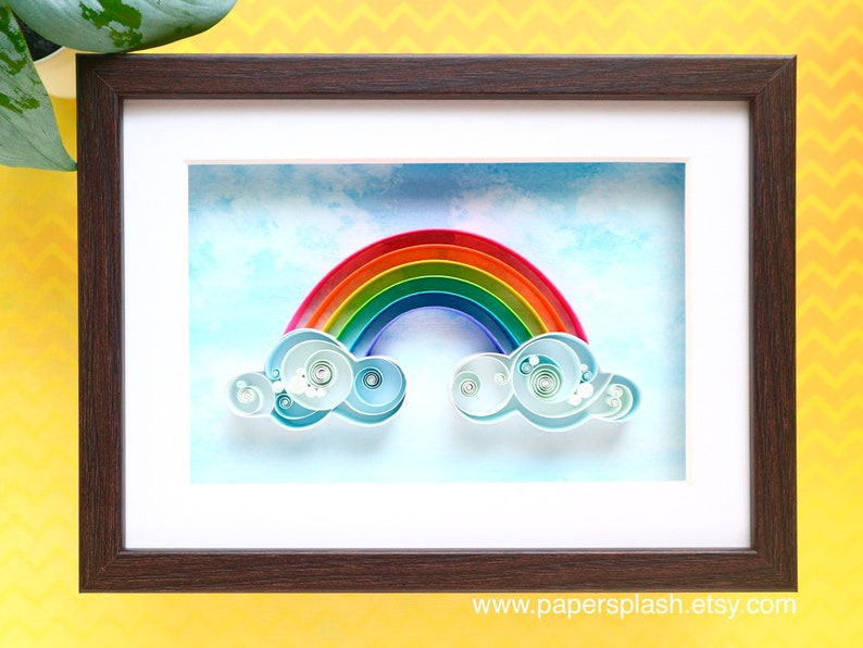 Rainbow clouds quilled art, framed wall decor for nursery, 3d quilling paper gifts for new baby kids room, Colourful wall hanging signs Dark brown