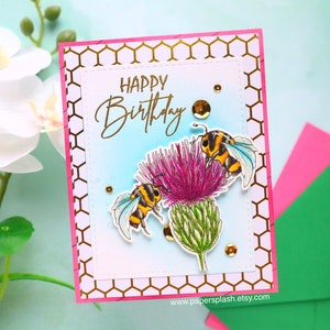 Honey bee thistle birthday card, handmade bday card for gardener, wild flower card, Scottish flower birthday card, Gift for mom, Papersplash image 2