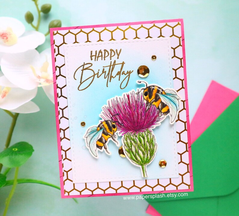 Honey bee thistle birthday card, handmade bday card for gardener, wild flower card, Scottish flower birthday card, Gift for mom, Papersplash image 2