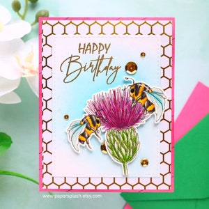 Honey bee thistle birthday card, handmade bday card for gardener, wild flower card, Scottish flower birthday card, Gift for mom, Papersplash image 1