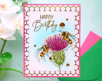 Honey bee thistle birthday card, handmade bday card for gardener, wild flower card, Scottish flower birthday card, Gift for mom, Papersplash