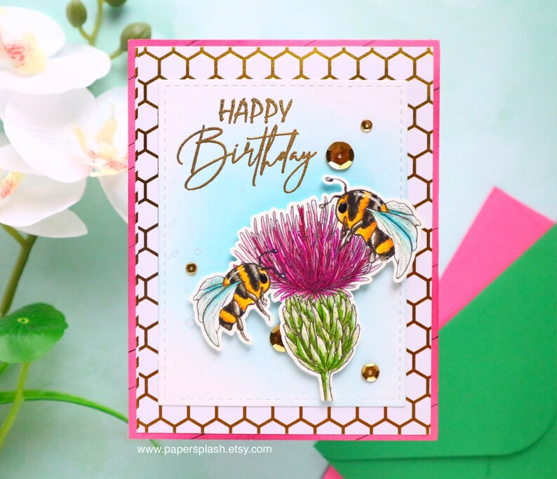 Honey bee thistle birthday card, handmade bday card for gardener, wild flower card, Scottish flower birthday card, Gift for mom, Papersplash image 1