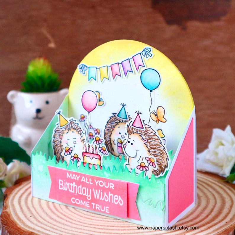 Hedgehog birthday pop up box card, cute animal bday card, for girl, magical unicorn, rainbow card, for kids, for daughter, handmade card image 2