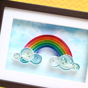 Rainbow clouds quilled art, framed wall decor for nursery, 3d quilling paper gifts for new baby kids room, Colourful wall hanging signs image 2