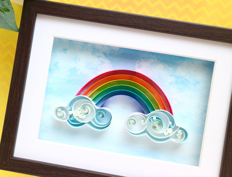 Rainbow clouds quilled art, framed wall decor for nursery, 3d quilling paper gifts for new baby kids room, Colourful wall hanging signs image 2