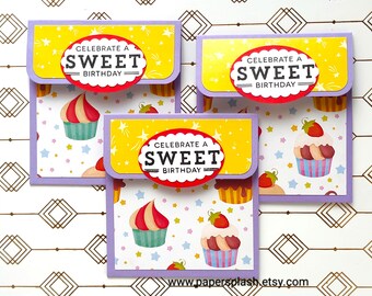 Set of 3 Cupcake Birthday Gift Card Holders, Kids Party Envelopes (3.5"W)