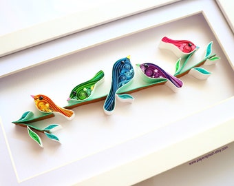 Birds wall art, Birds art, Birds on a wire branch, Framed decor, Bird lovers gift, New home, Nursery, Little birds sign, Paper birds artwork