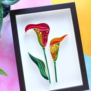 Abstract floral wall decor, Cala lily flower paper quilled art, 3D Quilling wall hanging, 6th wedding anniversy gift, new home gift framed image 3