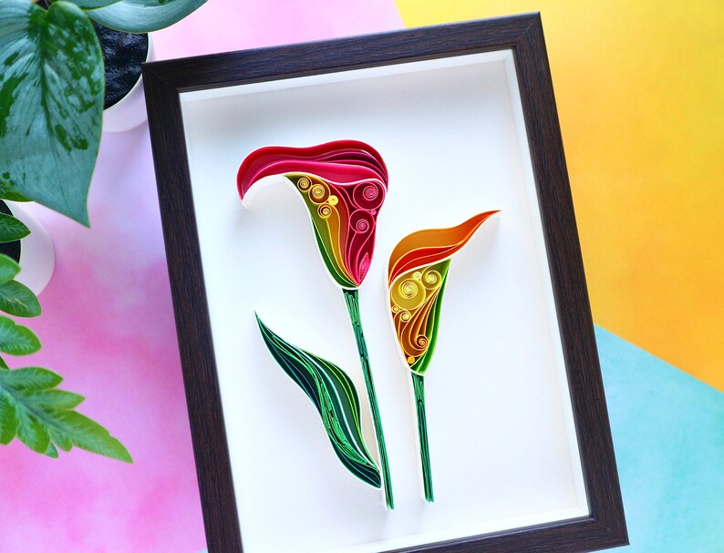 Abstract floral wall decor, Cala lily flower paper quilled art, 3D Quilling wall hanging, 6th wedding anniversy gift, new home gift framed image 3