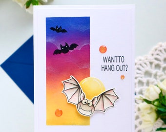 Let's hang out cards, halloween bat card, batty night sky moon card, batty hangout card for friend, handmade card, for granny, for mom,