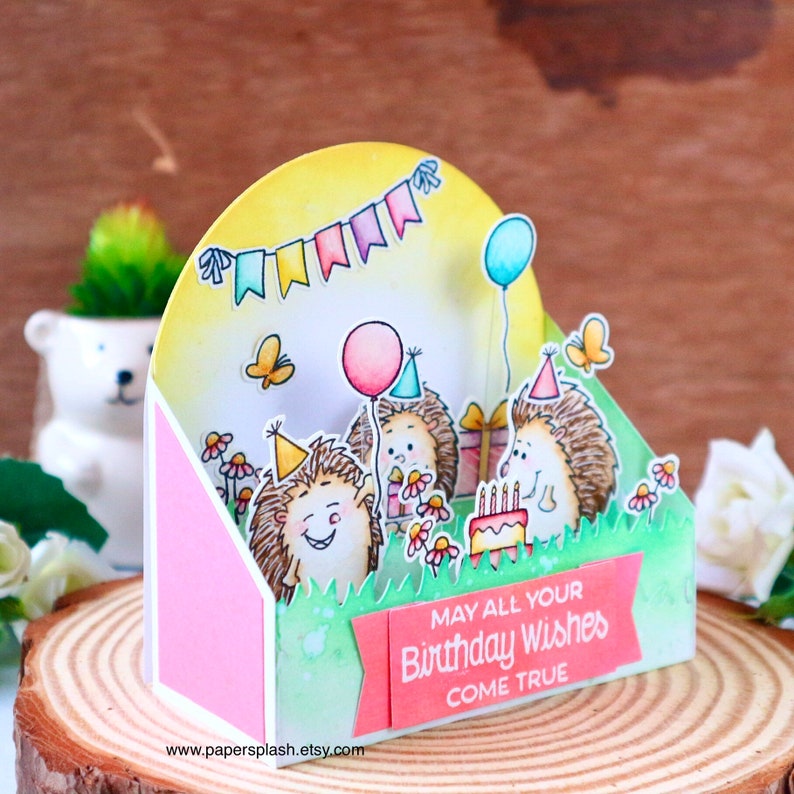 Hedgehog birthday pop up box card, cute animal bday card, for girl, magical unicorn, rainbow card, for kids, for daughter, handmade card image 3