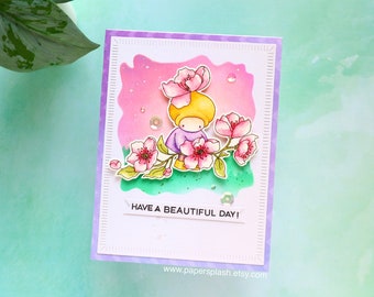 Handmade card for friends, have a beautiful day greeting card, girl cherry blossom all occasion card, floral homemade card