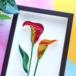 Abstract floral wall decor, Cala lily flower paper quilled art, 3D Quilling wall hanging, 6th wedding anniversy gift, new home gift framed image 2