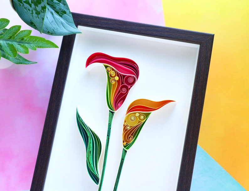 Abstract floral wall decor, Cala lily flower paper quilled art, 3D Quilling wall hanging, 6th wedding anniversy gift, new home gift framed image 2