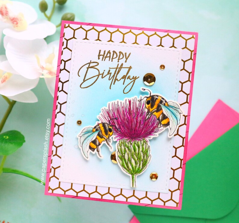 Honey bee thistle birthday card, handmade bday card for gardener, wild flower card, Scottish flower birthday card, Gift for mom, Papersplash image 4