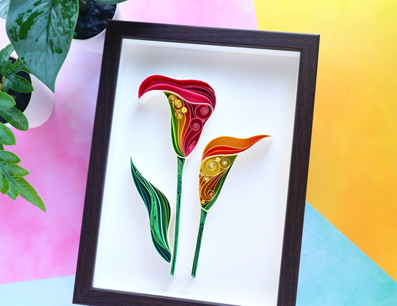 Abstract floral wall decor, Cala lily flower paper quilled art, 3D Quilling wall hanging, 6th wedding anniversy gift, new home gift framed image 4
