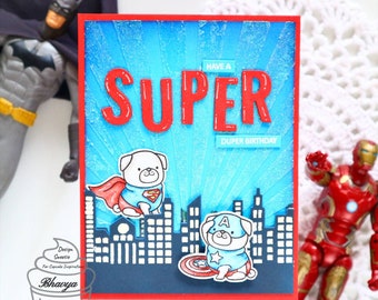 Superhero birthday card, Personalised cards, super dogs, super pugs,