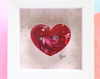 Paper anniversary gift heart gift, paper quilling art framed, heart art gift, gift for friend, mom