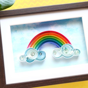 Rainbow clouds quilled art, framed wall decor for nursery, 3d quilling paper gifts for new baby kids room, Colourful wall hanging signs image 4