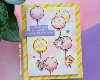 Animal birthday card, Elephant,hippo,piggy flying with balloon card for kids, Cute fun bday card for grandchild, HB2U colourful balloon card