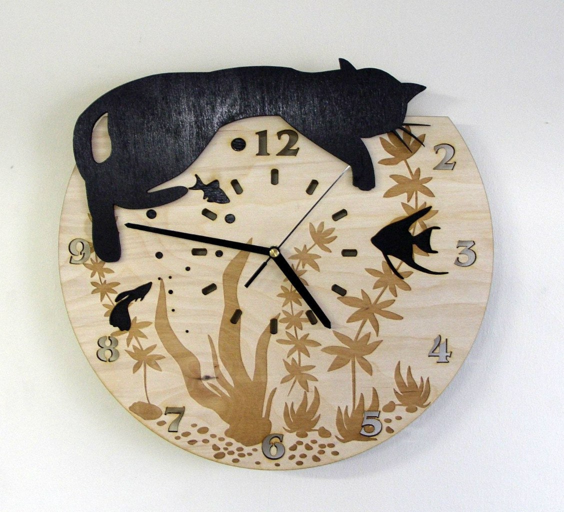 Black cat wooden wall clock Etsy