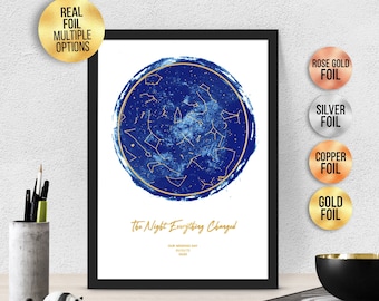 パーソナライズされたすべてが変わった夜 FOIL STAR MAP、水彩効果占星術ギフト - 星図プリント、ゴールド/シルバー/ローズゴールド/銅