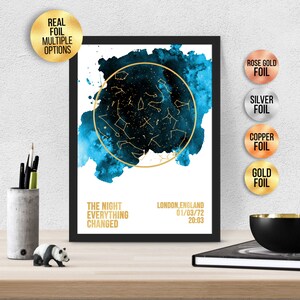 Gepersonaliseerd De nacht alles veranderde FOLIE STAR MAP, Aquarel effect Astrologie cadeau - Star Chart print, Goud / Zilver / Rose goud / koper
