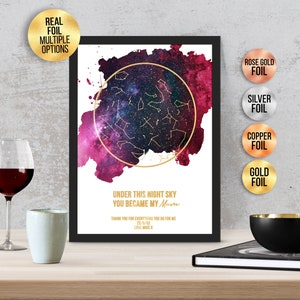 Personalisierte The Night you became my mum FOIL STAR MAP, Muttertag Astrologie Geschenk - Sternenkarte Celestial Print,Gold/Silber/Roségold/Kupfer