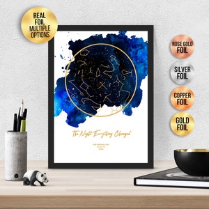 Gepersonaliseerd De nacht alles veranderde FOLIE STAR MAP, Aquarel effect Astrologie cadeau - Star Chart print, Goud / Zilver / Rose goud / koper
